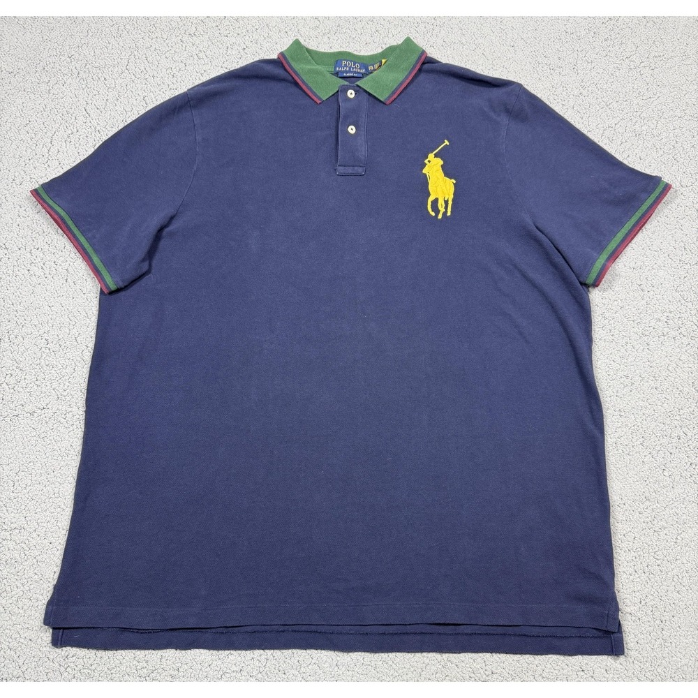 Polo Ralph Lauren Polo Shirt Mens 2XL Blue Big Pony Green Collar Pique‎